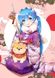 Rule 34 | 10s, 1girl, 2018, :d, alternate hair length, alternate hairstyle, arrow (projectile), ayami, bell, blue eyes, blue hair, blunt bangs, blush, chinese zodiac, dog, fur trim, furisode, hair ornament, hairband, heart, highres, holding, japanese clothes, jingle bell, kimono, long hair, long sleeves, looking at viewer, natsuki subaru, new year, obi, open mouth, purple kimono, re:zero kara hajimeru isekai seikatsu, rem (re:zero), round teeth, sash, seiza, sitting, smile, solo, teeth, wide sleeves, x hair ornament, year of the dog