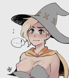 Rule 34 | !, ..., 1girl, apple (appleuniversing), blonde hair, blue eyes, blush, breasts, breasts out, capelet, flying sweatdrops, full-face blush, halloween, halloween costume, hat, heart, heart-shaped pupils, medium breasts, mercy (overwatch), nipples, official alternate costume, overwatch, overwatch 1, short hair, solo, spoken ellipsis, spoken exclamation mark, sweat, swept bangs, symbol-shaped pupils, upper body, wardrobe malfunction, wavy mouth, witch hat, witch mercy