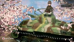 Rule 34 | 1girl, braid, brown hair, cherry blossoms, goggles, goggles on head, highres, long hair, military, military vehicle, motor vehicle, shibafu (glock23), solo, tank, wargaming japan, world of tanks