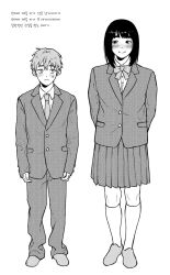 1boy 1girl arms_behind_back blush bow collared_shirt greyscale height_difference highres imaninjaguy jacket kneehighs korean_commentary long_sleeves looking_at_another monochrome necktie original oversized_clothes pleated_skirt school_uniform shirt short_hair simple_background skirt small_sweatdrop socks white_background