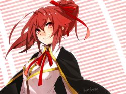 Rule 34 | 1girl, bad id, bad pixiv id, blazblue, blazblue phase 0, blush, brown hair, cape, celica a. mercury, cloak, hair ribbon, hyakuhachi (over3), ponytail, red eyes, ribbon, smile, solo