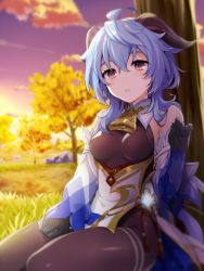 Rule 34 | 1girl, against tree, ahoge, autumn, bare shoulders, bell, black gloves, blue hair, blush, bodystocking, breasts, brown legwear, detached sleeves, evening, flower knot, ganyu (genshin impact), genshin impact, gloves, glowing, hand up, highres, horns, long hair, long sleeves, looking at viewer, medium breasts, memeno, on grass, on ground, outdoors, parted lips, pink eyes, purple sky, red ribbon, ribbon, sitting, sky, solo, sunlight, tassel, thighs, tree, very long hair