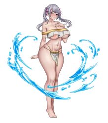 Rule 34 | 1girl, absurdres, alternate costume, black clover, blush, breasts, curvy, feet, grey hair, highres, huge breasts, large breasts, looking at viewer, nipples, noelle silva, nude, purple eyes, pzpana, thick thighs, thighs, twintails, white background