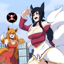 Rule 34 | 2girls, :p, absurdres, ahri (league of legends), animal ears, bare shoulders, black hair, breasts, building, city, collarbone, commission, day, destruction, dress, facial mark, fox ears, fox girl, fox tail, giant, giantess, hair between eyes, herretik, highres, holding, large breasts, league of legends, long hair, multiple girls, multiple tails, open mouth, orange eyes, original, red dress, size difference, sky, skyscraper, speech bubble, standing, tail, teeth, tongue, tongue out, vore, whisker markings, yellow eyes
