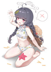 Rule 34 | 1girl, absurdres, arm up, bare shoulders, barefoot, bikini, black hair, blue archive, braid, breasts, bright pupils, choker, commentary request, feet, fengqun, frilled ribbon, frills, grey halo, halo, hat, hat on back, hat on back, highres, leaf, leaf on head, leaf print, long hair, looking at viewer, miyu (blue archive), miyu (swimsuit) (blue archive), navel, official alternate costume, open mouth, print bikini, red eyes, ribbon, ribbon choker, simple background, sitting, small breasts, soles, solo, spoken x, starfish, straw hat, swimsuit, toes, twin braids, twintails, wariza, white background, white bikini, white pupils