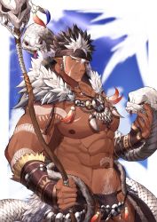 Rule 34 | 1boy, abs, arm tattoo, bad id, bad pixiv id, bara, beard, bellsugar, brown hair, bulge, dark-skinned male, dark skin, facial hair, fur collar, headband, highres, jewelry, large pectorals, long sideburns, looking at viewer, male focus, male pubic hair, multicolored hair, muscular, navel, necklace, nipples, pectorals, pointy ears, pubic hair, revealing clothes, shaman, sideburns, snake, solo, spiked hair, staff, stomach tattoo, tangaroa (housamo), tattoo, tokyo houkago summoners, topless male, upper body, white hair, yellow eyes