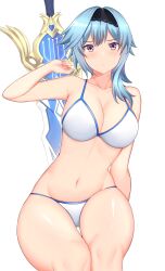 Rule 34 | 1girl, alternate costume, arind yudha, arm support, armpits, bikini, blue hair, breasts, claymore (sword), cleavage, collarbone, commentary request, eula (genshin impact), genshin impact, gluteal fold, greatsword, grey eyes, hair between eyes, hair ornament, hairband, knees together feet apart, large breasts, leaning to the side, looking at viewer, medium hair, navel, sidelocks, simple background, sitting, sleeveless, solo, spaghetti strap, stomach, swimsuit, sword, weapon, weapon on back, white background, white bikini