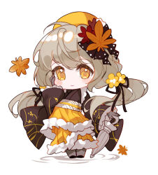 Rule 34 | 1girl, autumn leaves, beret, bison cangshu, black footwear, black kimono, black ribbon, bow, brown bow, brown eyes, closed mouth, closed umbrella, floating hair, flower, frilled hakama, gloves, grey gloves, grey hair, grey pantyhose, hair flower, hair ornament, hair ribbon, hakama, hakama skirt, hat, japanese clothes, kimono, leaf, long hair, long sleeves, looking at viewer, low twintails, maple leaf, original, pantyhose, ribbon, ripples, shoes, simple background, skirt, sleeves past wrists, smile, solo, twintails, umbrella, very long hair, white background, white umbrella, wide sleeves, yellow flower, yellow hakama, yellow hat