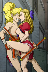 Rule 34 | 1990s (style), 2girls, against wall, alley, armor, ass, assertive female, blonde hair, bow, bra, bra lift, breasts, brown eyes, capcom, clothes lift, drill hair, eye contact, final fight, final fight 2, genryuusai maki, grin, hair bow, japanese armor, kanzuki karin, kote, large breasts, leg lift, leg lock, long hair, looking at another, multiple girls, mx. moz, ninja, nipples, no panties, object insertion, off shoulder, open clothes, ponytail, pussy, pussy juice, retro artstyle, ringlets, school uniform, serafuku, shirt lift, skirt, smile, sports bra, sports bra lift, standing, street fighter, street fighter zero (series), tonfa, uncensored, underwear, vaginal, vaginal object insertion, weapon, yuri