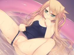Rule 34 | 1girl, arima senka, blonde hair, blush, breasts, censored, clothing aside, dutch angle, embarrassed, flat chest, glasses, green eyes, highres, kashiwamochi yomogi, long hair, lying, on back, one-piece swimsuit, original, pussy, small breasts, solo, spread legs, submerged, swimsuit, swimsuit aside, very long hair, wading pool, water, wet