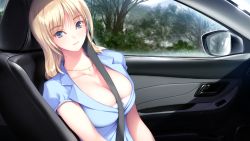 Rule 34 | 1girl, between breasts, blonde hair, blue eyes, breasts, car, car interior, cleavage, collarbone, female focus, forest, from side, game cg, huge breasts, ichikawa saasha, jewelry, jounoin kaho, large breasts, light smile, long hair, looking at viewer, motor vehicle, nature, necklace, neyuki no gen&#039;ei, neyuki no genei: shirohanasou no hitobito, seatbelt, short sleeves, sitting, smile, solo, strap between breasts, tree, upper body, vehicle, window