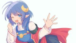 Rule 34 | 1girl, ahoge, blue eyes, blue hair, cape, crescent, crescent hair ornament, hair ornament, haruaki 023, long hair, looking at viewer, one eye closed, open mouth, pointy ears, red cape, rena lanford, short hair, simple background, smile, solo, star ocean, star ocean the second story, white background