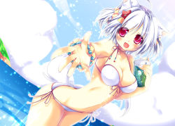 Rule 34 | 1girl, alternate hairstyle, animal ears, beach, bikini, blue sky, bracelet, breasts, cleavage, cloud, collarbone, cup, day, drink, drinking straw, fang, front-tie top, hair ornament, hikanyan, inubashiri momiji, jewelry, large breasts, leaf hair ornament, long sleeves, ocean, open mouth, outdoors, outstretched arm, outstretched hand, pink eyes, scrunchie, side-tie bikini bottom, silver hair, sky, smile, solo, swimsuit, tail, touhou, two side up, water, white bikini, wolf ears, wolf tail