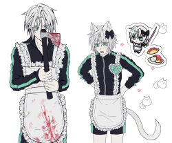 Rule 34 | 1boy, aged down, animal ears, apron, axe, blood, blood on clothes, bloody weapon, blush, bow, cat, cat ears, cat tail, chibi, chibi inset, final fantasy, final fantasy vii, final fantasy vii ever crisis, food, green eyes, grey hair, haagi123, hair bow, holding, holding axe, holding sword, holding weapon, jacket, jersey maid, long sleeves, maid, male focus, omelet, omurice, open mouth, paw print, sephiroth, short hair, slit pupils, sword, tail, unconventional maid, weapon, white apron, white background