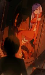 Rule 34 | 10s, blood, blurry, bodysuit, breasts, darling in the franxx, depth of field, forte, green eyes, highres, hiro (darling in the franxx), horns, long hair, mecha, robot, tight clothes, zero two (darling in the franxx)