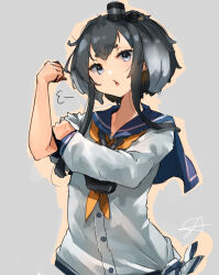 Rule 34 | 1girl, puff of air, black hair, blue sailor collar, bras d&#039;honneur, dress, front-tie top, grey background, grey eyes, grey hair, highres, kantai collection, long sleeves, looking at viewer, multicolored hair, neckerchief, outline, parted lips, sailor collar, sailor dress, short hair with long locks, simple background, solo, sunday aki, tokitsukaze (kancolle), white dress