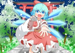 Rule 34 | 1girl, :d, alternate costume, bag, belt, blue eyes, blue hair, bow, capelet, christmas, cirno, commentary request, dress, feet out of frame, flat chest, hair between eyes, hair bow, holding, holding bag, ice, ice wings, koruti, looking at viewer, open hand, open mouth, outstretched arm, pom pom (clothes), red bow, red capelet, red dress, santa costume, short hair, smile, snowing, solo, standing, torii, touhou, tree, v-shaped eyebrows, wings