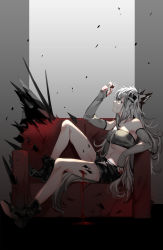 Rule 34 | 1girl, animal ears, arknights, bandeau, black footwear, black hair, black shorts, blood, boots, couch, elbow gloves, eyeshadow, gloves, grey eyes, grey gloves, grey hair, hair ornament, hairclip, highres, iceky, lappland (arknights), long hair, makeup, material growth, messy hair, midriff, multicolored hair, navel, on couch, oripathy lesion (arknights), scar, scar across eye, scar on face, shorts, sitting, smile, solo, stomach, strapless, tube top, very long hair, wolf ears