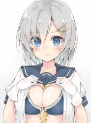 Rule 34 | 10s, 1girl, blue eyes, blush, bra, breasts, cleavage, cole (coleltu), female focus, gloves, gradient background, hair ornament, hair over one eye, hairclip, hamakaze (kancolle), kantai collection, large breasts, looking at viewer, open clothes, open shirt, school uniform, serafuku, shirt, short hair, silver hair, solo, underwear