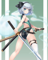 Rule 34 | 1girl, ass, bob cut, competition swimsuit, dual wielding, feet out of frame, green eyes, hassen (8cm), hitodama, holding, katana, konpaku youmu, konpaku youmu (ghost), looking at viewer, looking back, multicolored clothes, multicolored swimsuit, one-piece swimsuit, scabbard, sheath, short hair, single thighhigh, solo, standing, swimsuit, sword, thighhighs, touhou, turtleneck, unsheathing, wakizashi, weapon, white hair, white thighhighs