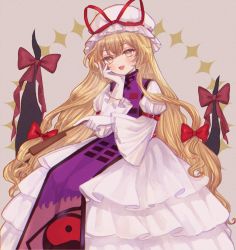 Rule 34 | 1girl, :d, blonde hair, blush, bow, commentary request, dress, frilled dress, frills, gap (touhou), gloves, grey background, hair between eyes, hair bow, hand on own cheek, hand on own face, hat, hat ribbon, juliet sleeves, layered dress, long hair, long sleeves, looking at viewer, mob cap, open mouth, puffy sleeves, red bow, red ribbon, ribbon, smile, solo, tabard, touhou, very long hair, white dress, white gloves, white hat, wide sleeves, yakumo yukari, yellow eyes, yin yang, yin yang print, yujup