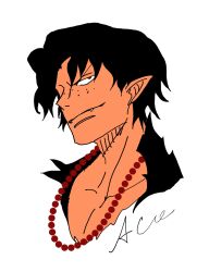 Rule 34 | 1boy, bead necklace, beads, black hair, character name, cropped torso, fangs, highres, jewelry, looking at viewer, male focus, mrjieshisu, necklace, nose, one piece, portgas d. ace, portrait, sanpaku, simple background, solo, toned, toned male, v-shaped eyebrows, vampire, white background