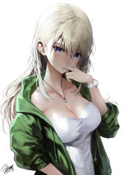 Rule 34 | 1girl, artist name, blush, breasts, cleavage, collarbone, commentary request, drawstring, green jacket, hair between eyes, hand to own mouth, hand up, haori io, head tilt, highres, hood, hoodie, jacket, jewelry, large breasts, long hair, looking at viewer, necklace, off-shoulder shirt, off shoulder, open clothes, open hoodie, original, parted lips, platinum blonde hair, purple eyes, shirt, signature, simple background, sleeves pushed up, solo, upper body, watch, watermark, white background, white shirt, wristwatch