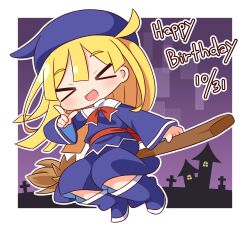 Rule 34 | &gt; &lt;, 1girl, :d, blonde hair, blue footwear, blue headwear, blue shirt, blue skirt, blush, boots, broom, broom riding, chibi, closed eyes, dated, facing viewer, hana kazari, hand up, happy birthday, highres, index finger raised, long hair, long sleeves, open mouth, outline, puyopuyo, shirt, skirt, smile, solo, very long hair, white outline, wide sleeves, witch (puyopuyo), xd