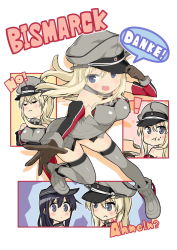 Rule 34 | 2girls, :t, akatsuki (kancolle), anchor, armor, bare shoulders, bismarck (kancolle), blonde hair, blush, breastplate, breasts, character name, commentary request, detached sleeves, eating, ebifurya, flat cap, food, food on face, gloves, grey eyes, grey legwear, hair between eyes, hat, highres, holding, holding food, kantai collection, long hair, looking at viewer, multiple girls, multiple views, open mouth, peaked cap, purple eyes, purple hair, reaching, reaching towards viewer, simple background, smile, thighhighs, uniform, white background