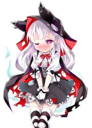 Rule 34 | 1girl, anchor symbol, azur lane, black cape, black shirt, blush, bow, bowtie, breasts, cape, closed mouth, embarrassed, erebus (azur lane), female focus, frilled shirt, frills, gloves, half-closed eye, have to pee, hood, hooded cape, jpeg artifacts, legs together, looking down, miniskirt, nose blush, one eye closed, own hands together, peeing, peeing self, ratryu, red bow, red bowtie, red eyes, red ribbon, ribbon, shirt, simple background, skirt, small breasts, solo, standing, striped clothes, striped thighhighs, tears, thigh gap, thighhighs, torn cape, torn clothes, trembling, v arms, wavy mouth, wet, wet clothes, white background, white gloves, white shirt, zettai ryouiki