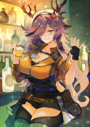 Rule 34 | 1girl, absurdres, alcohol, animal ear piercing, animal ears, antlers, arknights, bar (place), bar stool, black gloves, black pantyhose, bottle, breasts, cleavage, clothing cutout, coldshot (arknights), commentary request, cowboy shot, cup, deer antlers, deer ears, deer girl, fingerless gloves, gloves, gradient hair, green eyes, green thighhighs, hair over one eye, haru torimaru, highres, holding, holding cup, horns, large breasts, long hair, looking at viewer, multicolored hair, pantyhose, purple hair, shelf, shirt, side cutout, sitting, sleeves rolled up, smile, solo, stool, striped clothes, striped thighhighs, thigh cutout, thighhighs, vertical-striped clothes, vertical-striped thighhighs, waving, wavy hair, yellow shirt