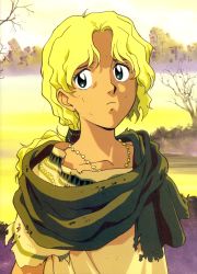 Rule 34 | 1990s (style), absurdres, blonde hair, blue eyes, dark-skinned female, dark skin, electra (nadia), frown, fushigi no umi no nadia, highres, jewelry, long hair, necklace, ponytail, retro artstyle, ruins, scan, shawl, solo, torn clothes, tree, wavy hair, aged down