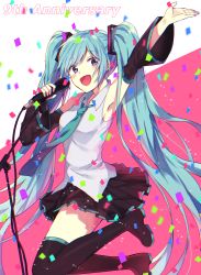 Rule 34 | 1girl, absurdres, anniversary, aqua hair, arm up, armpits, black footwear, black thighhighs, blue eyes, boots, confetti, detached sleeves, from side, full body, hatsune miku, highres, jumping, kuro-kinoko-obake, long hair, microphone, microphone stand, necktie, open mouth, skirt, solo, thigh boots, thighhighs, twintails, very long hair, vocaloid