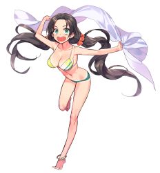 Rule 34 | 1girl, :d, anklet, bare legs, barefoot, bikini, black hair, blush, breasts, cleavage, full body, green eyes, highres, jewelry, long hair, looking at viewer, low twintails, mansu, navel, open mouth, original, parted bangs, scrunchie, simple background, smile, solo, swimsuit, tan, tanline, twintails, very long hair, white background