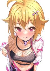 Rule 34 | 1girl, absurdres, adhesive bra, ahoge, b1ack illust, blonde hair, blush, bra, breasts, choker, cleavage, collarbone, crop top, cropped jacket, earrings, fishnets, foreshortening, from above, hair between eyes, highres, ibuki tsubasa, idolmaster, idolmaster million live!, idolmaster million live! theater days, jewelry, large breasts, licking lips, looking at viewer, midriff, navel, pink eyes, short hair, simple background, single bare shoulder, smile, solo, tongue, tongue out, underwear, white background