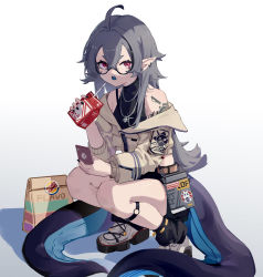 Rule 34 | 1girl, absurdres, ahoge, black nails, black shirt, boots, brown jacket, burger king, carton, cellphone, commentary, drink, ear piercing, frown, full body, glasses, grey hair, highres, holding, holding carton, holding drink, holding phone, jacket, leg strap, long hair, long sleeves, looking at viewer, nail polish, off shoulder, open mouth, original, phone, piercing, pointy ears, red eyes, shirt, sleeveless, sleeveless shirt, smartphone, solo, squatting, tentacles, xiu kukkii
