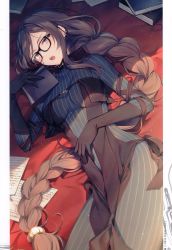 Rule 34 | 1girl, absurdres, black-framed eyewear, black gloves, book, braid, breasts, brown eyes, brown hair, dress, earrings, fang, fate/grand order, fate (series), glasses, gloves, hair ornament, highres, holding, jewelry, large breasts, long hair, looking at viewer, lying, on back, open mouth, paper, scan, sidelocks, single braid, solo, striped clothes, striped dress, toosaka asagi, very long hair, yu mei-ren (fate), yu mei-ren (first ascension) (fate)