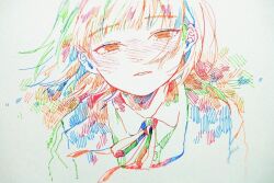 Rule 34 | 1girl, blush, collared shirt, colorful, commentary request, hatching (texture), looking at viewer, neck ribbon, original, parted lips, pen (medium), portrait, ribbon, school uniform, shirt, short hair, signature, simple background, solo, traditional media, watanabe tomari, white background, wind