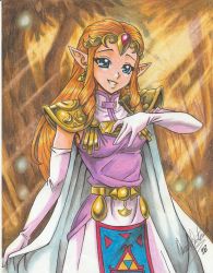 Rule 34 | 1girl, 2018, blonde hair, blue eyes, breasts, dated, dress, earrings, female focus, hand on own chest, jewelry, long hair, nintendo, princess zelda, ravernclouk design, small breasts, solo, standing, tagme, the legend of zelda, traditional media, triforce