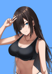 Rule 34 | 1girl, absurdres, bare arms, bare shoulders, blue background, blue eyes, breasts, brown hair, cleavage, closed mouth, collarbone, commentary request, cowboy shot, hair over one eye, hand up, highres, long hair, looking at viewer, medium breasts, navel, original, parted bangs, shadow, simple background, solo, split mouth, sports bra, tari (aegr3883), taut clothes, upper body, v