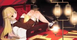 Rule 34 | blonde hair, braid, long hair, looking back, mary janes, original, reading, shiomachi, shoes, sitting, solo, star-shaped pupils, star (symbol), suitcase, symbol-shaped pupils