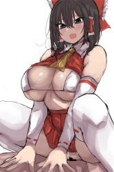 Rule 34 | 1girl, ascot, bar censor, bikini, black eyes, blush, bow, breasts, brown hair, censored, cleavage, commentary request, detached sleeves, girl on top, golgi hon, hair bow, hair tubes, hakurei reimu, highres, large breasts, open mouth, red bow, red skirt, sex, short hair, simple background, skirt, solo focus, swimsuit, thighhighs, touhou, white background, white bikini, white thighhighs, yellow ascot