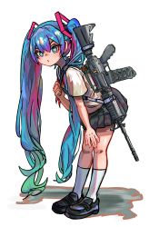 Rule 34 | assault rifle, blue hair, chain, gun, hatsune miku, highres, hunched over, kimjdav, loafers, long hair, looking at viewer, parted lips, pleated skirt, rifle, shadow, shirt, shoes, simple background, skirt, twintails, very long hair, vocaloid, weapon, white background, white shirt