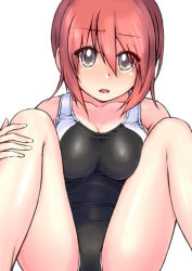 Rule 34 | 1girl, black eyes, competition swimsuit, katakata un, one-piece swimsuit, original, red hair, short hair, sitting, solo, spread legs, swimsuit