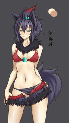 Rule 34 | 1girl, :3, alternate color, animal ears, aqua eyes, bare shoulders, bikini, bikini top only, black background, black hair, blush, creatures (company), emukon, female focus, game freak, gen 5 pokemon, groin, hair between eyes, looking at viewer, multicolored hair, navel, nintendo, open fly, panties, personification, pokemon, red hair, shiny skin, short hair, shorts, simple background, skindentation, smirk, solo, standing, striped clothes, striped panties, swimsuit, tail, thighs, topknot, translated, two-tone hair, unbuttoned, underwear, unzipped, zorua