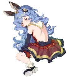 Rule 34 | 1girl, animal ears, backboob, backless dress, backless outfit, bare back, bare shoulders, black footwear, black gloves, blue hair, breasts, brown eyes, dress, earrings, elbow gloves, erune, ferry (granblue fantasy), full body, gloves, granblue fantasy, hair ornament, jewelry, long hair, looking at viewer, looking back, one eye closed, red dress, sash, shiny skin, shoes, simple background, single earring, sitting, small breasts, socks, solo, sunao (souis), thigh strap, wariza, wavy hair, white background, white socks