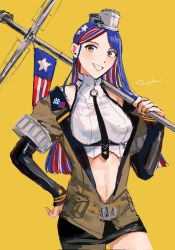 Rule 34 | 1girl, anchor ornament, asymmetrical legwear, black necktie, blue hair, breasts, flag, hand on own hip, headgear, highres, holding, holding flag, kantai collection, large breasts, long hair, long sleeves, looking at viewer, midriff, multicolored hair, navel, necktie, nidou, one-hour drawing challenge, solo, south dakota (kancolle), very long hair, yellow eyes