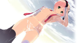 Rule 34 | 1girl, arm up, black thighhighs, breasts, cameltoe, dress shirt, from below, green eyes, hand on own head, hazumi rio, highres, looking at viewer, medium breasts, midriff, navel, necktie, no bra, open clothes, open shirt, panties, petapeta, pink hair, rain, red necktie, see-through, shiokawa aya, shirt, short hair, sky, solo, standing, striped clothes, striped thighhighs, sunset, thighhighs, third-party edit, underwear, undone necktie, undressing, wallpaper, wet, wet clothes