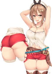 Rule 34 | 1girl, :d, armpits, arms up, ass, ass focus, atelier (series), atelier ryza, atelier ryza 1, belt, belt buckle, beret, blue belt, blush, breasts, brown belt, brown eyes, brown hair, buckle, cleavage, collarbone, commentary request, cowboy shot, cropped legs, flask, from behind, hair between eyes, hair ornament, hairclip, hat, highres, jewelry, kuavera, large breasts, leather, leather belt, looking at viewer, lower body, mixed-language commentary, multiple views, necklace, open mouth, pouch, red shorts, reisalin stout, round-bottom flask, shirt, short shorts, shorts, signature, simple background, skindentation, sleeveless, smile, star (symbol), star necklace, sweat, teeth, thigh gap, thighhighs, thighs, upper teeth only, vial, white background, white headwear, white shirt, white thighhighs