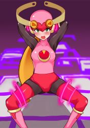 Rule 34 | 1girl, absurdres, arm behind head, arms behind head, blonde hair, blush, bodysuit, bound, bound legs, bound wrists, breasts, capcom, green eyes, helmet, highres, long hair, medium breasts, mega man (series), mega man battle network, mega man battle network (series), open mouth, punipunitoufu, roll.exe (mega man), skin tight, solo, spread legs, tight clothes